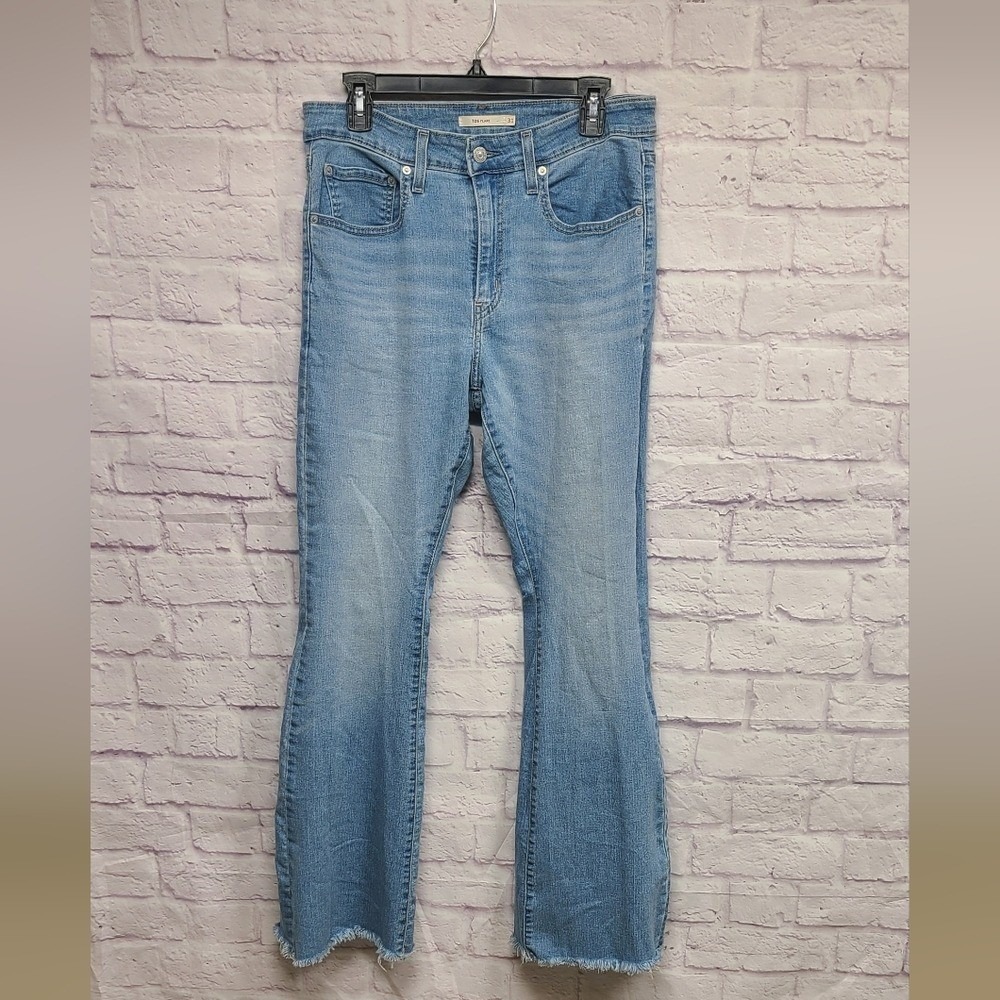 Levis‎ 726 High Rise Flare Jeans Light Wash Raw Hem Blue Denim Womens Size 31